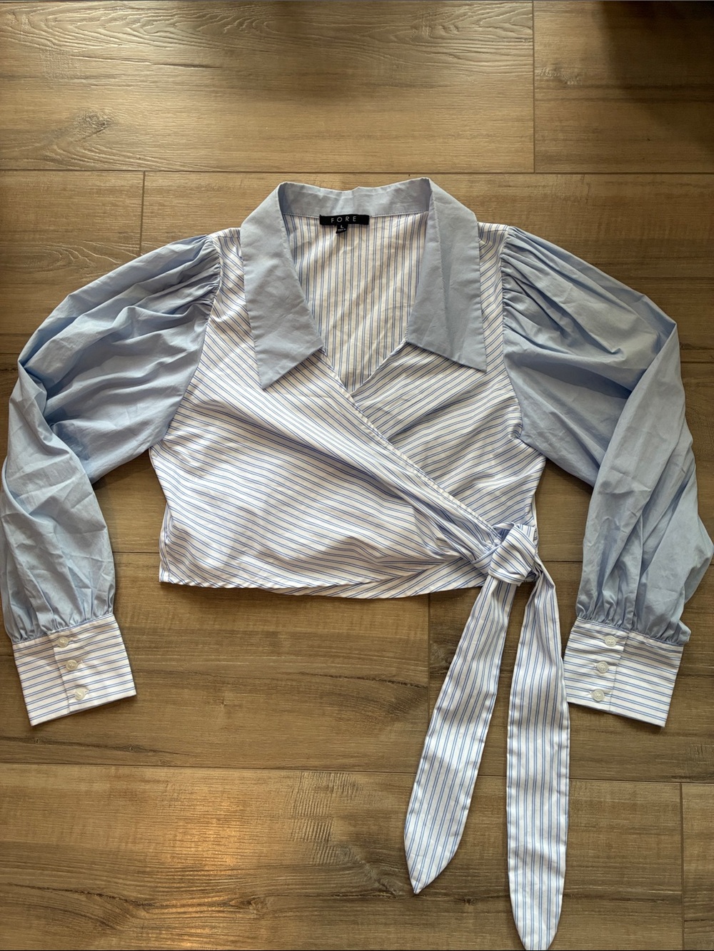 FORE Light Blue Striped Wrap Blouse with Tie Size L